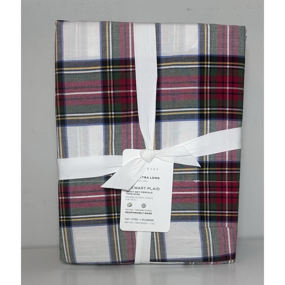 Pottery Barn~ Stewart Plaid Sheet Set~Organic Percale TWIN XL~Red Multi NEW
